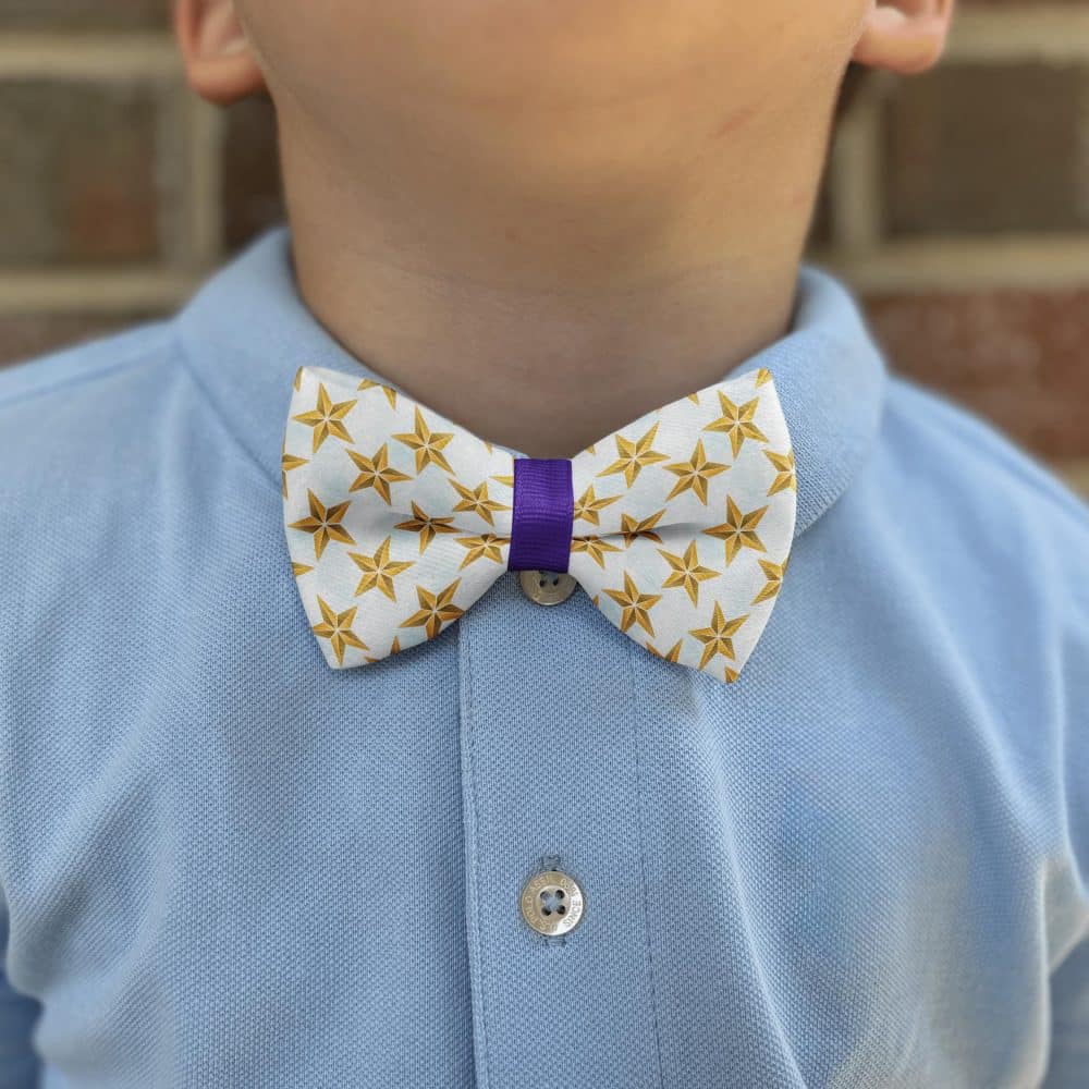 Child wearing star-patterned bow tie and blue shirt.