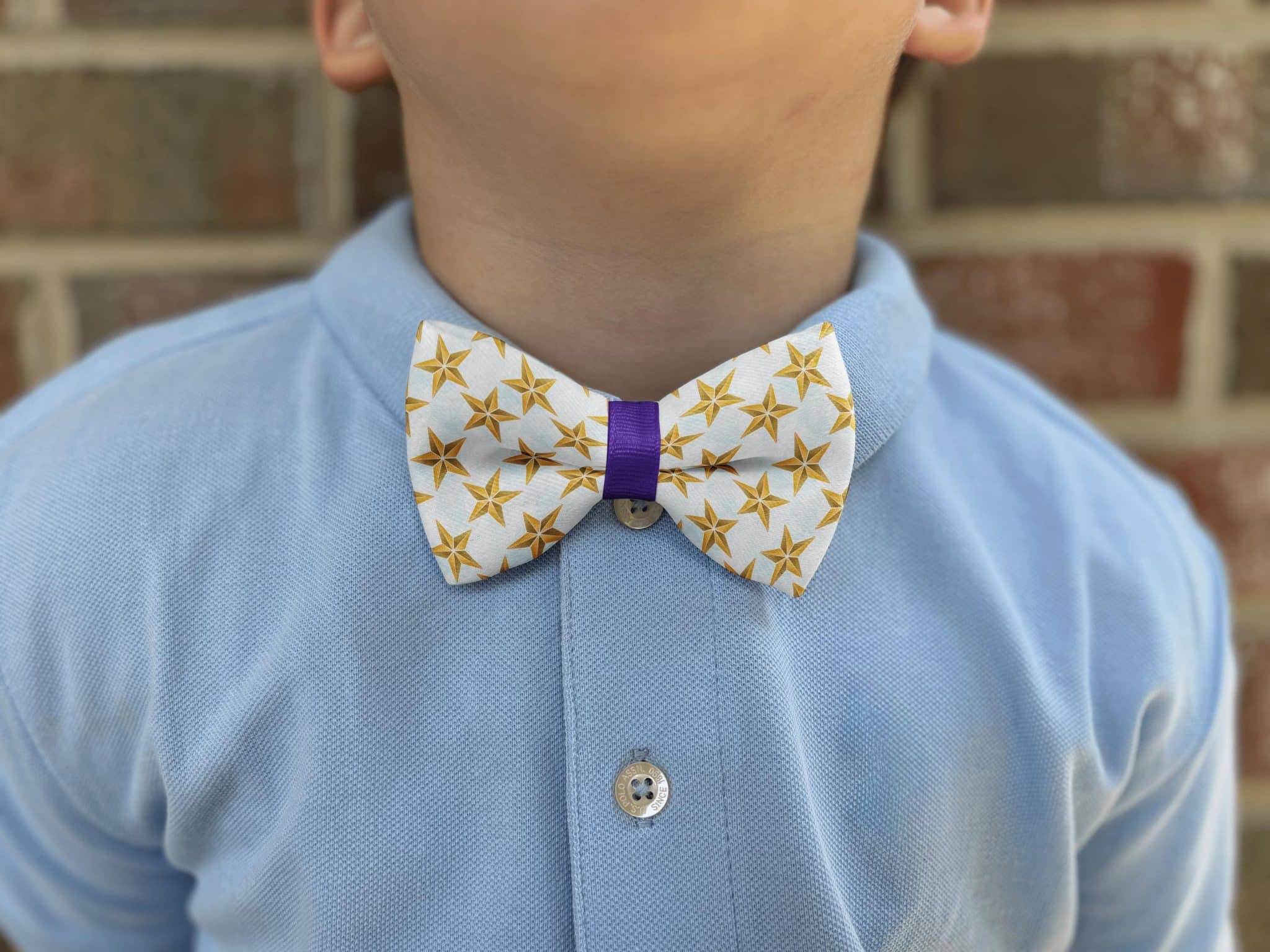 Child wearing star-patterned bow tie and blue shirt.