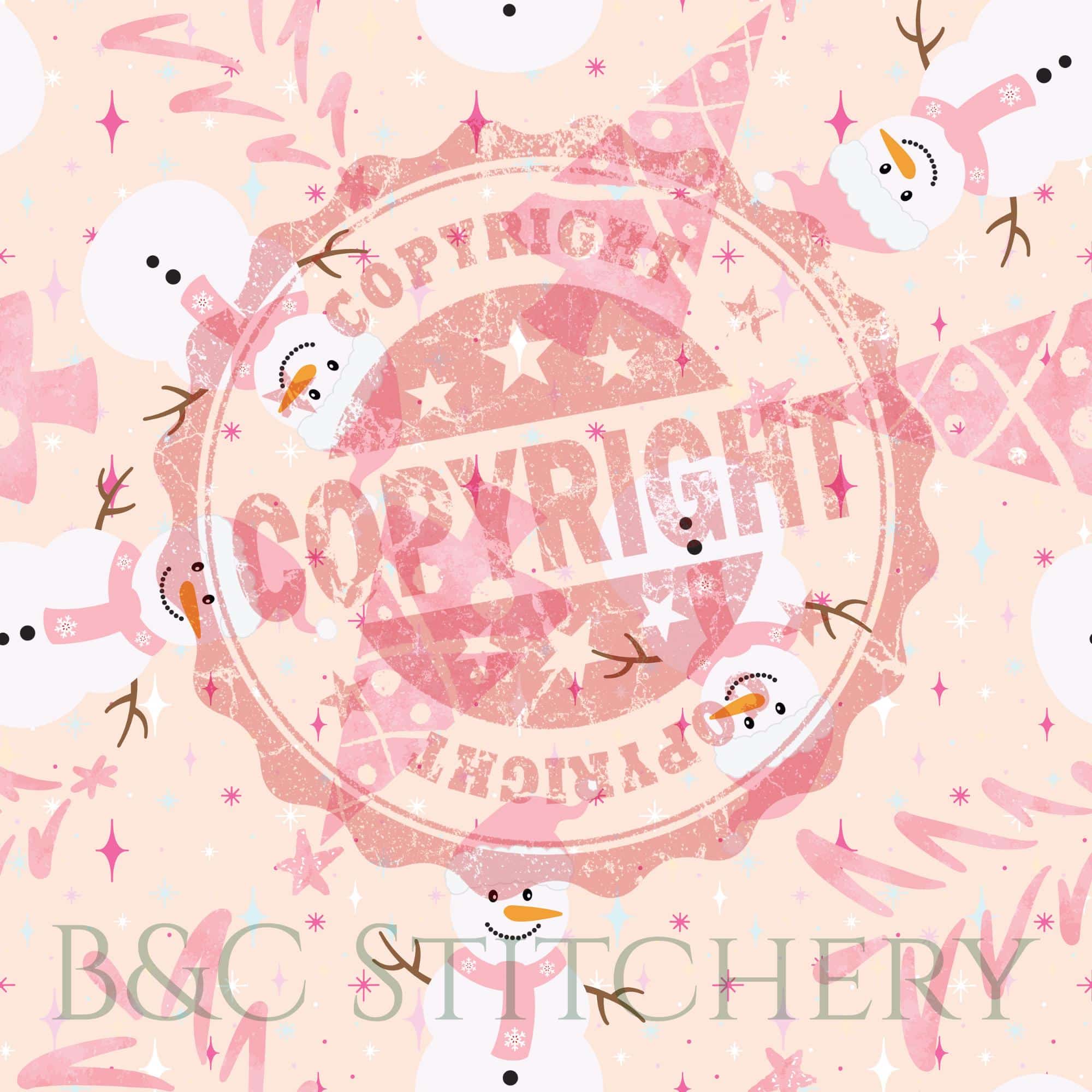 Pattern with snowmen and pink copyright stamp.