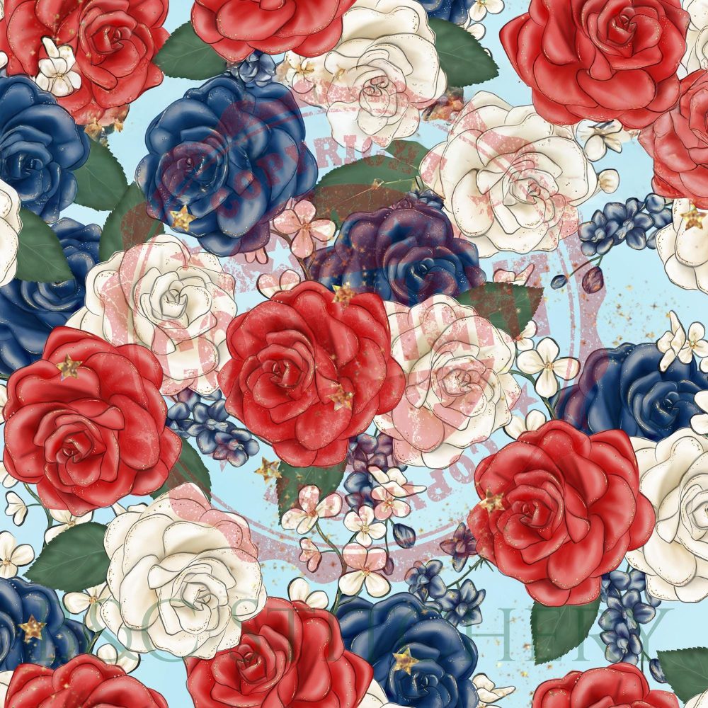 Patterned roses in red, white, and blue hues.