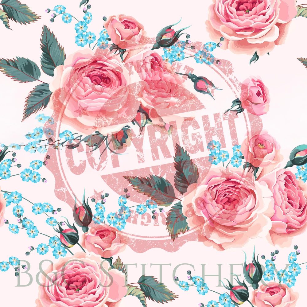 Pink roses and blue flowers with copyright overlay.