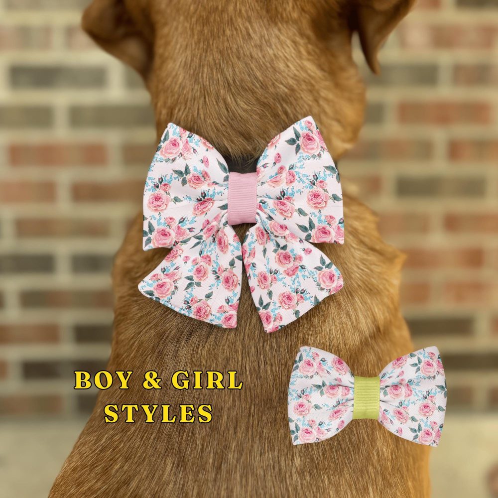 Dog wearing floral bow tie, boy and girl styles.