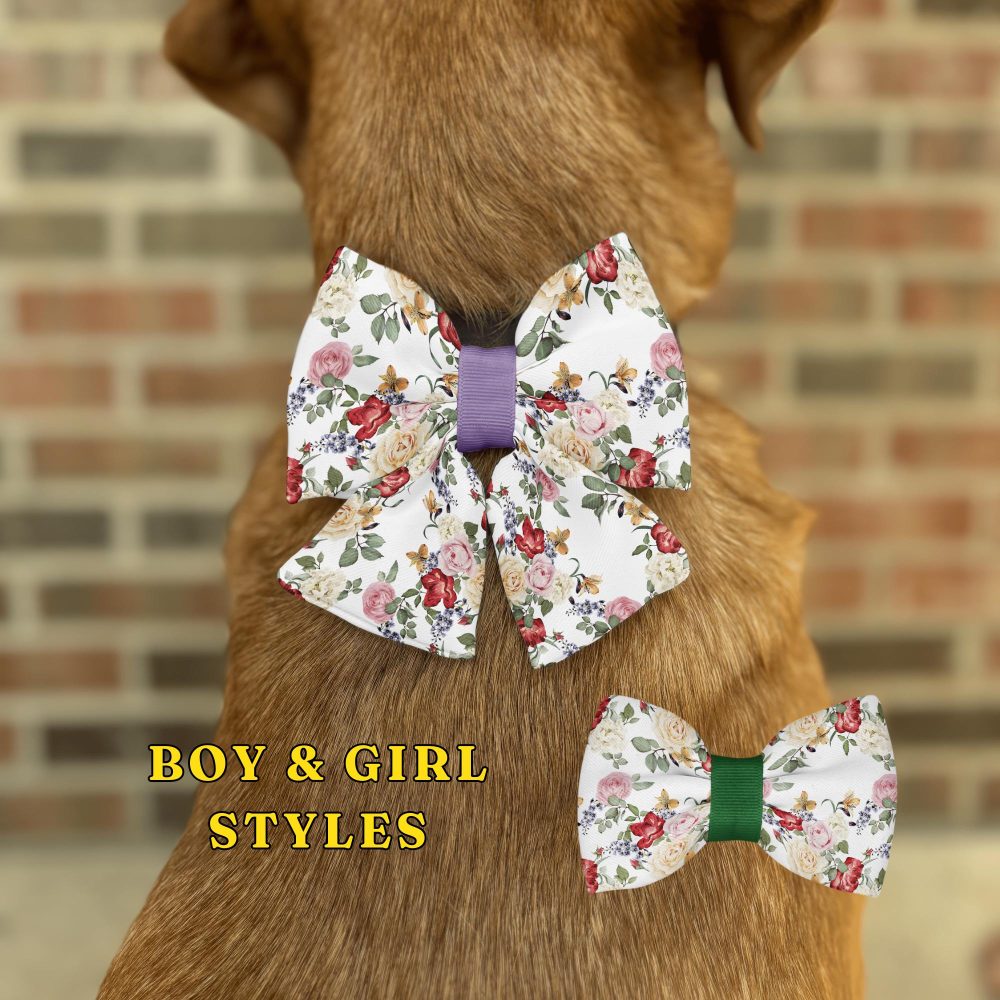 Dog wearing floral bow ties, boy and girl styles.