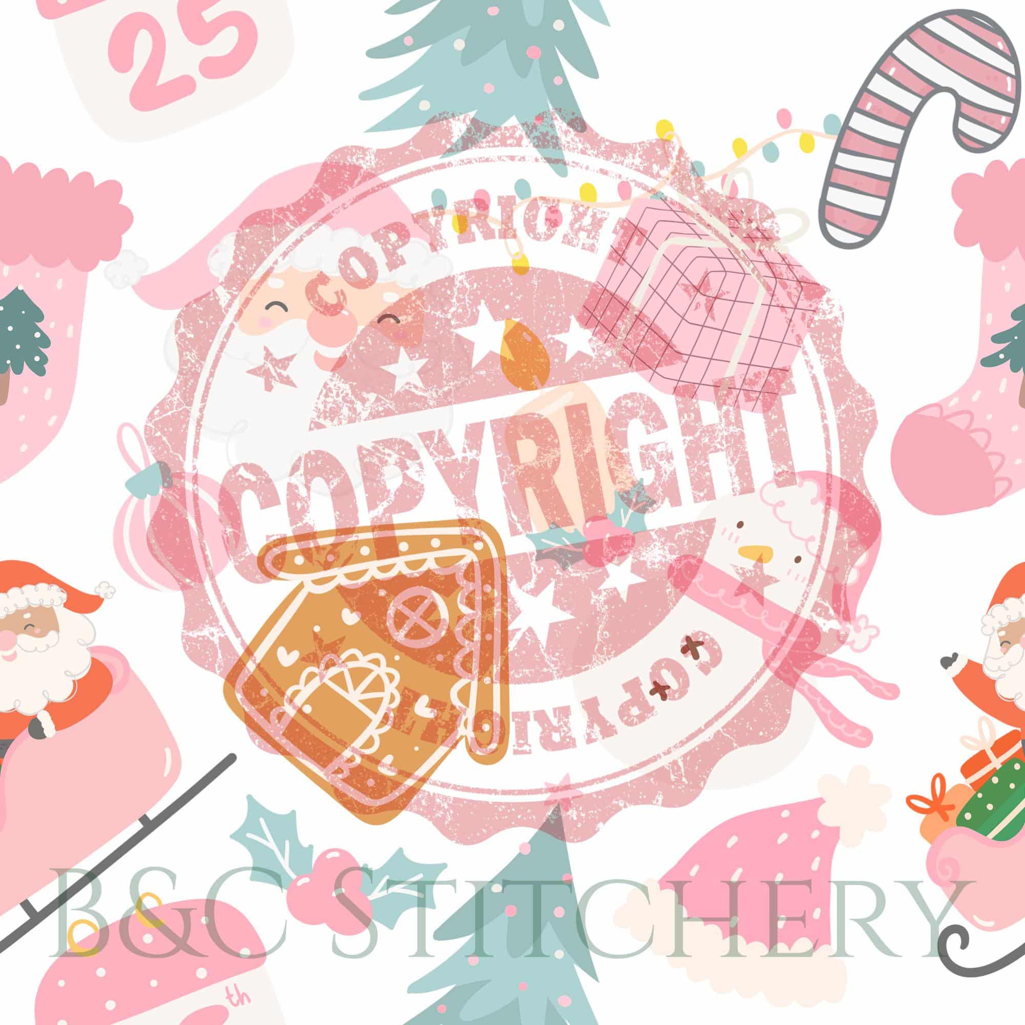 Christmas doodles with a copyright stamp overlay.