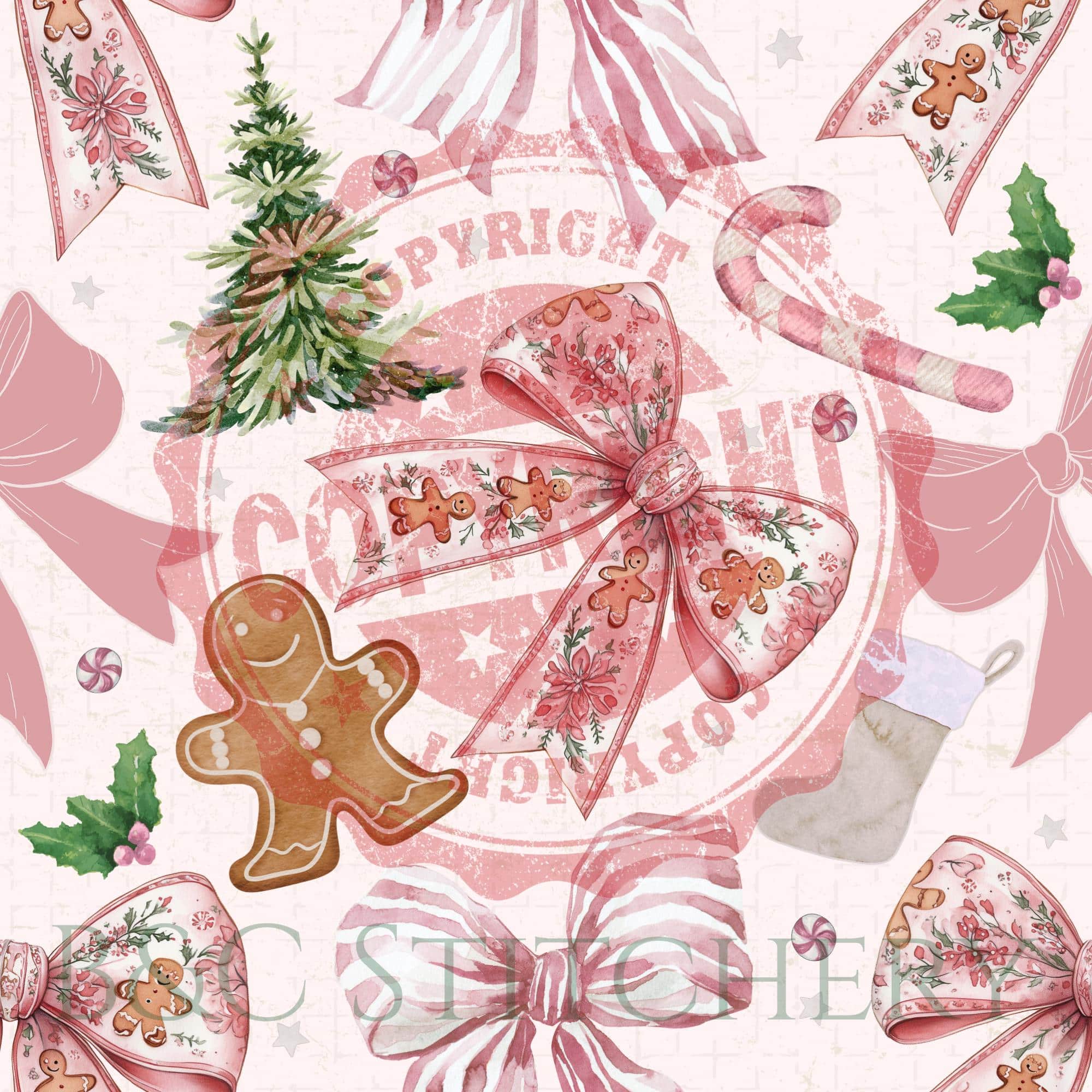 Christmas themed collage with bows and gingerbread man.