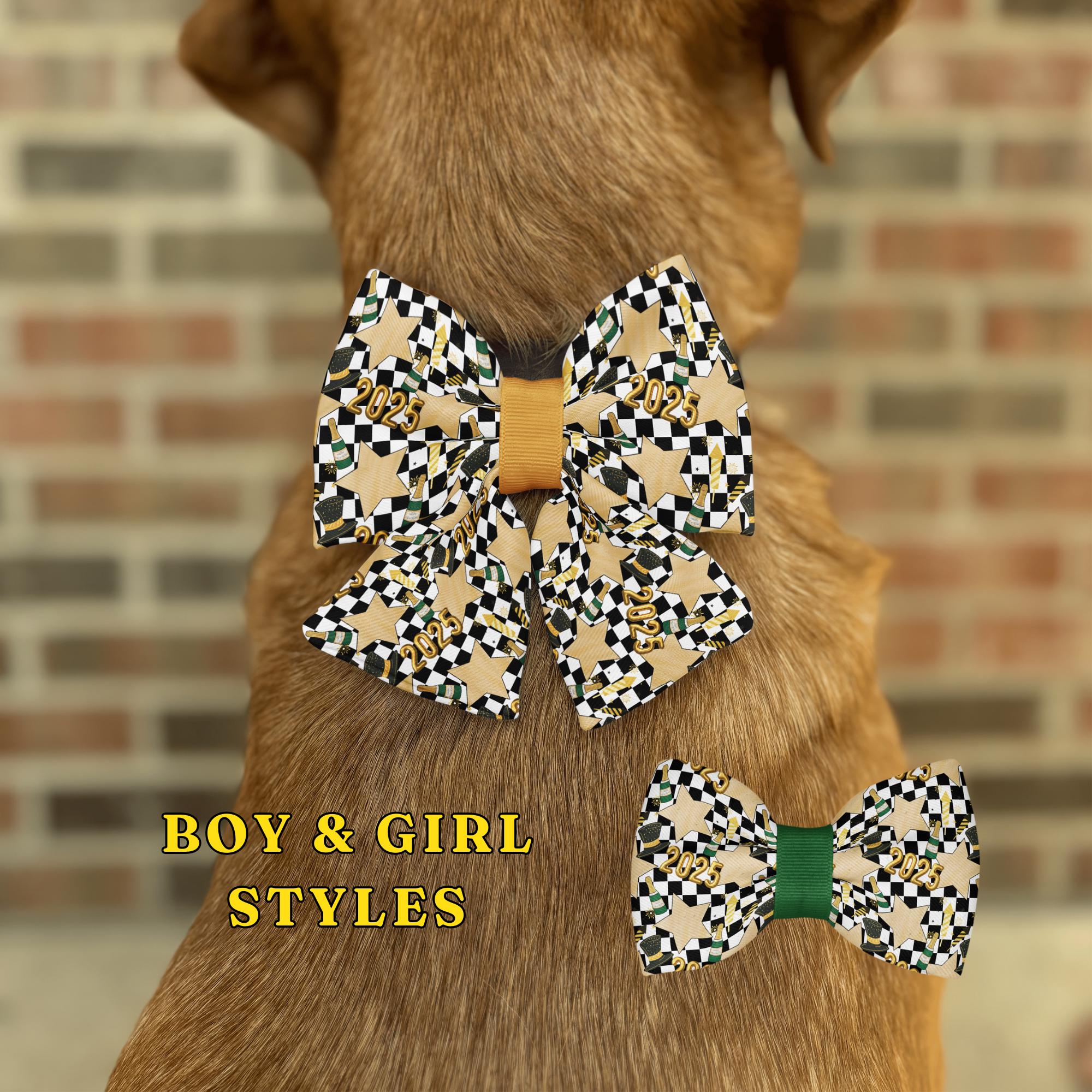 Dog wearing checkered bow with 2025 design.