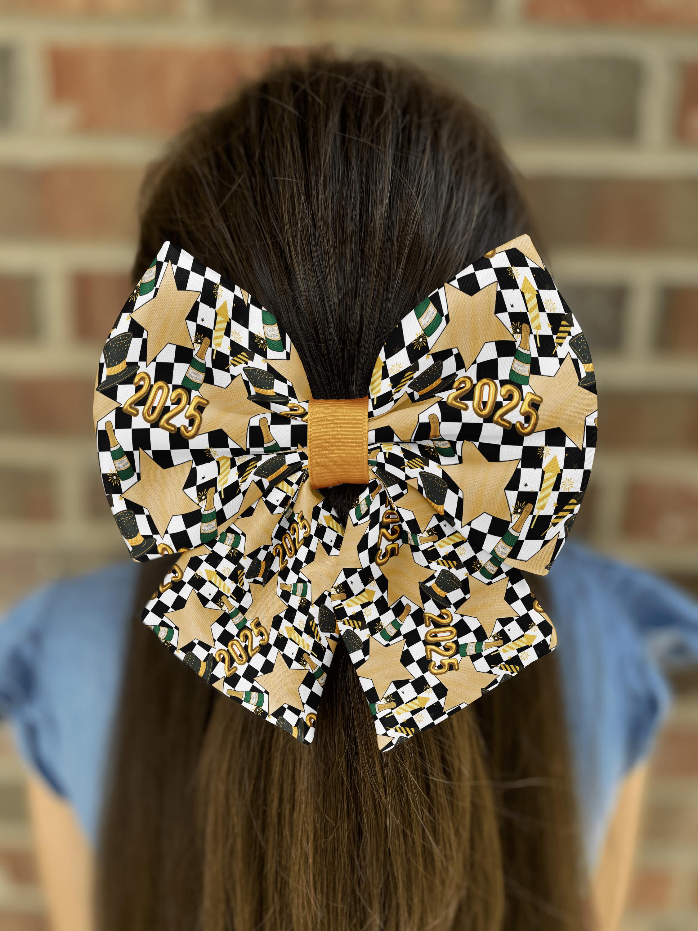 Girl wearing 2025 themed bow on hair.